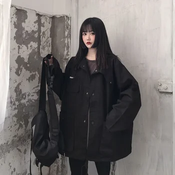 Черная куртка Harajuku, мужская и женская технологичная одежда, пальто, корейская опрятная повседневная универсальная винтажная бейсбольная форма со стоячим воротником и солнцезащитным кремом