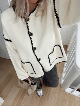 Элегантная женская контрастная куртка в стиле пэчворк, однобортный Свободный вязаный кардиган, пальто 2023, Женская осенняя шикарная Повседневная уличная одежда