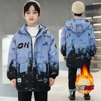 2023 Детская одежда, зимнее пальто для мальчиков, Плюшевое утолщенное теплое пальто с капюшоном на молнии и буквенным принтом от 5 до 14 лет