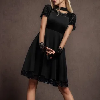 2023 Новые готические Темные женские платья с винтажной гранжевой кружевной отделкой, черное платье трапециевидной формы, сексуальная женская одежда для вечеринок с коротким рукавом