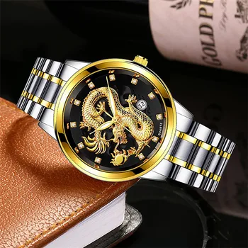 2023 Новые золотые мужские часы с тисненым драконом, роскошные золотые наручные часы Relogio Masculino из нержавеющей стали, водонепроницаемые, светящиеся Деловые наручные часы Relogio Masculino