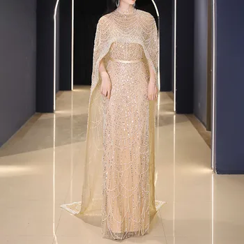 2023 Роскошные вечерние платья Дубая с накидкой из тяжелого жемчуга, платья для официальных мероприятий с шампанским для женщин, арабские платья для свадебных вечеринок