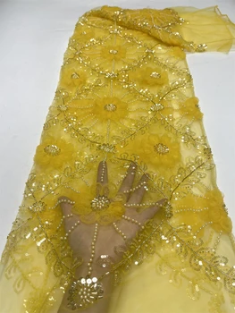 2024 Африканская Нигерия Высококачественные Блестки Тюль Кружевная ткань Вышивка Свадебная вечеринка Гипюровое платье Бусины Камень 5 ярдов Jy241