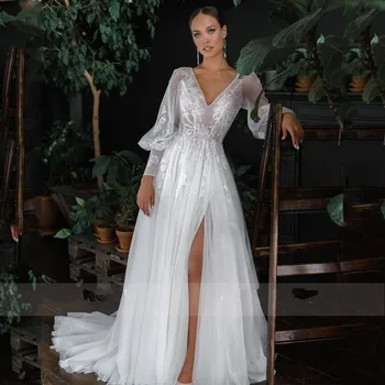 2024 Новое свадебное платье трапециевидной формы в стиле Бохо с V-образным вырезом, кружевные аппликации, Длинные пышные рукава, свадебные платья с разрезом, Vestidos De Novia