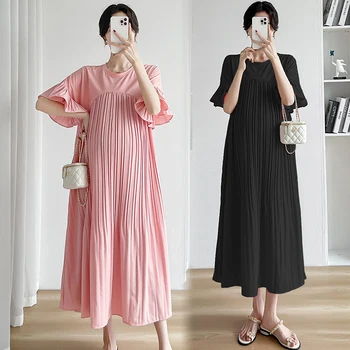 2302 # 2023 Летнее Корейское модное платье для беременных в лоскутную складку большого размера, свободная одежда для беременных женщин, размер оверсайз при беременности