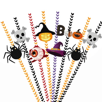 24шт бумажных соломинок для Хэллоуина, тыква, глаза паука, скелет, полосатые соломинки для питья, украшение для вечеринки в честь Хэллоуина для дома