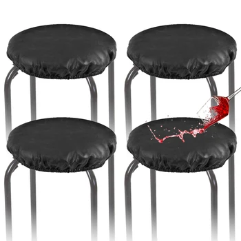 4шт круглых чехлов для табуретов Водонепроницаемые чехлы для барных стульев из искусственной кожи, противоскользящие чехлы для барных стульев с резинками, Черный круглый чехол для сиденья