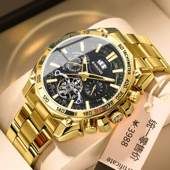 BINBOND Роскошные золотые кварцевые часы для мужчин, водонепроницаемый календарь из нержавеющей стали, светящиеся модные Декоративные мужские часы с турбийоном
