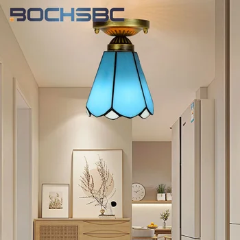 BOCHSBC Tiffany 6-дюймовый синий потолочный светильник в стиле ретро, украшающий прихожую, балкон, фойе, лестницу, светодиодная люстра