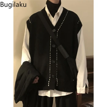 Bugilaku Осенне-зимний американский Ретро Свободный черный трикотаж, жилет, свитер, Пара, Модный комплект
