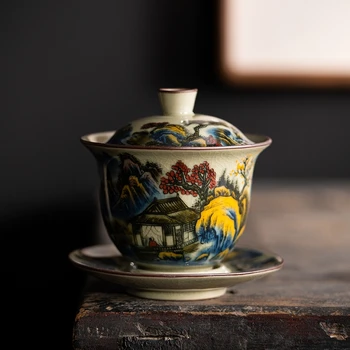 Chawan Красочная Чашка Gaiwan Tea Landscape Магазин Чайной Посуды Lily Tea Чайная Керамическая Чаша Набор Супниц, Открывающий Deng's Chinese Для