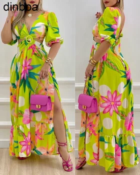 Dinboa 5819 # Шикарный дизайн, Винтажный Шифон с цветочным принтом, Повседневное Элегантное Длинное платье Макси, свободное платье в стиле Ампир в богемном стиле с вырезами