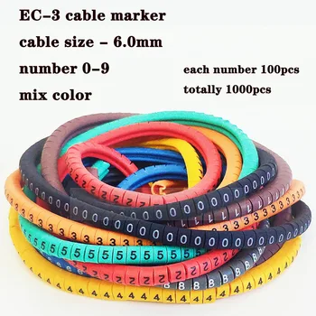 EC-3 1000шт красочные ПВХ кабельные маркировочные втулки с бирками с номером кабеля Размером 6,0 кв. мм от 0 до 9 проволочных маркировочных номеров провода