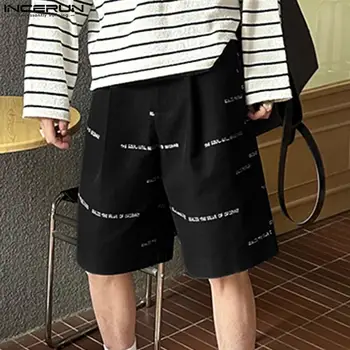 INCERUN Мужские шорты с буквенным принтом и пуговицами, Свободные Летние Повседневные мужские штаны, уличная одежда 2023, Модные широкие шорты в корейском стиле