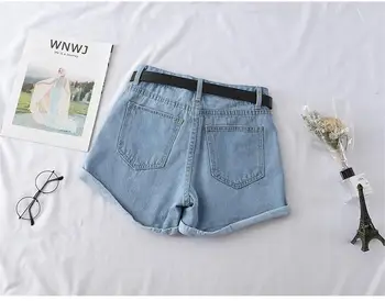 INS Модные однотонные джинсовые шорты с высокой талией, Летние Новые Свободные Узкие широкие брюки с завитками.