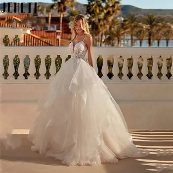 JEHETH Роскошные свадебные платья на бретельках 2024, Сексуальное кружевное свадебное платье без рукавов, тюлевое платье с V-образным вырезом и открытой спиной, Vestidos De Novia