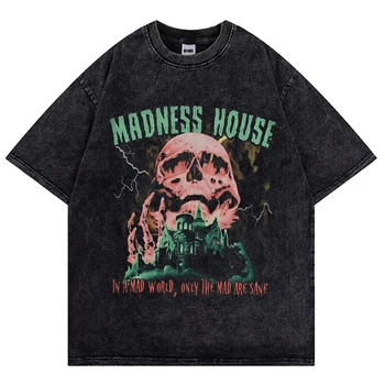 JHPKJ100% хлопок, винтажные футболки, мужские выстиранные футболки с принтом Madness House