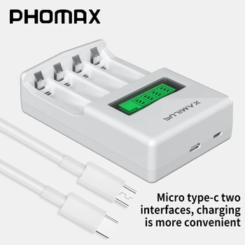 PHOMAX 4-слотная независимая быстрая зарядка с ЖК-дисплеем Smart для AAA / AA NiMH NiCd Аккумуляторное зарядное устройство Кабель Micro USB