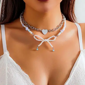 PuRui Модное ожерелье с бантом из искусственного жемчуга для женщин, колье с подвеской в виде сердца, Y2K, ювелирные изделия, ошейник для вечеринки для девочек, свадьба