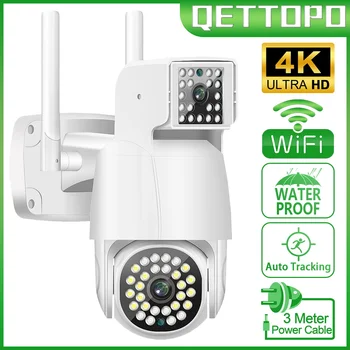 Qettopo 4K 8MP Двухобъективная Wifi PTZ-Камера с Двойным Экраном 4MP AI Обнаружение Человека Автоматическое Отслеживание Безопасности CCTV Камера Наблюдения