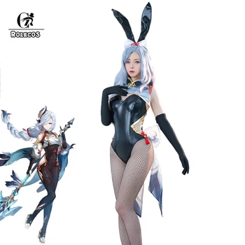 ROLECOS Shenhe Bunny Girl Costume Genshin Impact Сексуальный Черный Кожаный комбинезон Shenhe Halloween Cosplay Bunny Costume