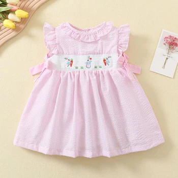 Sweet Kids, платье с вышивкой милого кролика без рукавов для маленьких девочек, Летнее платье Принцессы для маленьких девочек, Детская одежда, платье