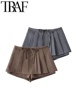 TRAF Tienda, Однотонные женские модные мини-шорты-карго, юбка, Повседневные Тонкие шорты с высокой талией, на шнуровке спереди, Y2k 2023