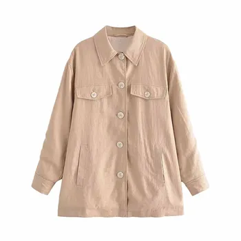 TRAF Женская модная куртка с декоративным карманом, пальто, повседневная хлопковая льняная куртка с длинным рукавом, однотонная женская шикарная Новая куртка 3046081