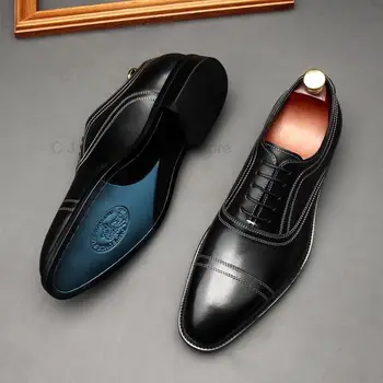 Uxury Мужские оксфорды из натуральной кожи ручной работы, черные Высококачественные свадебные офисные вечерние мужские туфли на шнуровке с острым носком