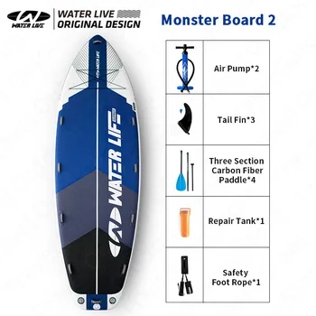WATERLIVE-Надувная доска для серфинга Monster BOARD Sup 2 цвета, 15-дюймовая удлиненная доска для серфинга, многопользовательские водные виды спорта, оснащенные веслами