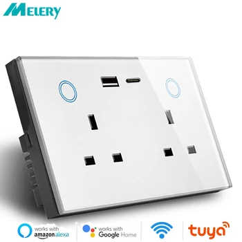 WIFI Smart Tuya USB Type C Настенная розетка UK Plug Outlet 13A Power Touch Switch Беспроводной мониторинг энергопотребления от Alexa Google Home