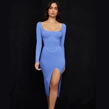 WillBeNice 2023 Зимнее женское сексуальное бандажное платье с длинными рукавами, синее облегающее вечернее платье с квадратным воротником, Vestidos Подарки