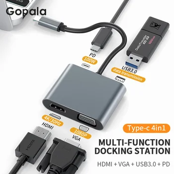 Адаптер USB C к HDMI VGA 4 в 1 USB C Концентратор-Конвертер с Портами HDMI 4K, 100 Вт PD, USB 3.0 Порт, Совместимый с Портом Подачи питания