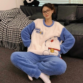 Аниме Doraemon Pattern Женская Пижама, Комплект Для Взрослых, Зимняя Утепленная Пижама, Домашняя Одежда, Коралловая Бархатная Пижама, Одежда Для Отдыха