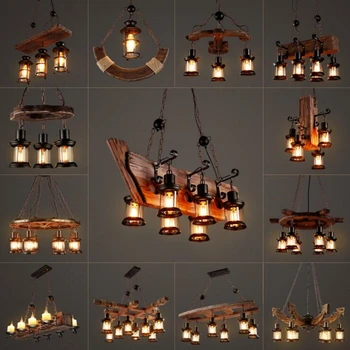 Антикварная промышленность Винтажная деревянная светодиодная люстра E27, потолочное освещение, креативные светильники для кафе в стиле ЛОФТ, винтажные подвесные светильники