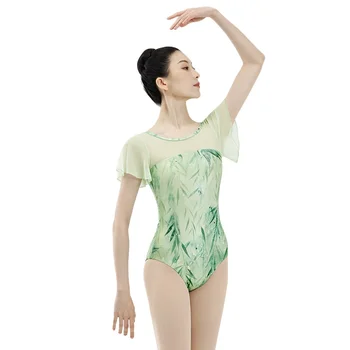Балетный костюм, трико из шифона с развевающимися рукавами, гимнастический купальник с принтом в виде листьев ивы, боди для выступлений, костюм для йоги