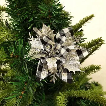 Блестящая Рождественская елка, искусственный цветок, Очаровательные рождественские цветочные украшения в клетку, лоскутное шитье, искусственные цветы для елки для вечеринок