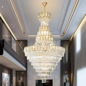 Большая хрустальная люстра в европейском стиле, двухуровневая вилла, роскошная лестница, современный ресторан, люстра в гостиную отеля