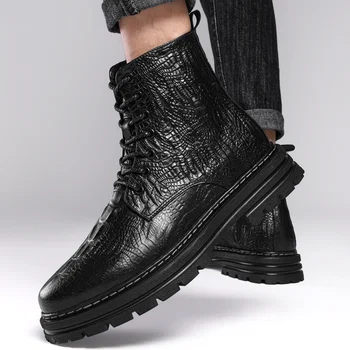 Большие мужские новые кожаные ботинки на шнуровке, винтажные мотоциклетные ботинки, модные зимние хлопчатобумажные ботинки с рисунком крокодиловой кожи на высоком каблуке