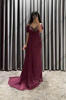 Бордовые атласные вечерние платья с открытыми плечами, расшитые бисером, вечернее платье русалки, Женское арабское вечернее платье-кафтан