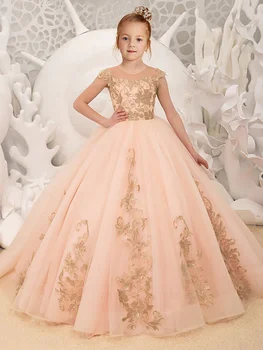 Великолепные свадебные платья для девочек-цветочниц персикового цвета с длинными аппликациями и бантом, бальное платье принцессы из тюля, праздничное платье на день рождения