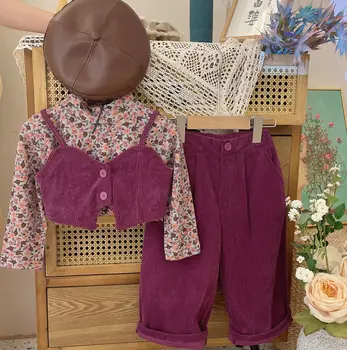 Весенне-осенние Комплекты одежды для девочек 2023 года, Универсальная футболка с цветочным принтом + Модный Вельветовый Жилет + Повседневные брюки, Детский костюм