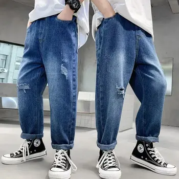 Весенне-осенние рваные мягкие джинсы для мальчиков, летний модный бренд для мальчиков, Красивые Модные Универсальные повседневные длинные брюки