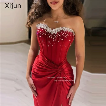 Вечерние платья из красного атласа Xijun С кристаллами, платья для выпускного вечера в стиле Русалки, Вечерние платья для выпускного вечера с разрезом сбоку 2023, Саудовская Аравия Для женщин