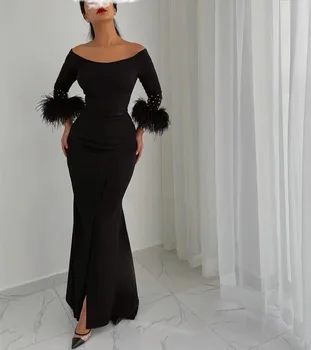 Винтажные длинные вечерние платья из черного крепа с перьями, с разрезом сбоку и небольшим шлейфом в виде русалки, платья для выпускного вечера для женщин