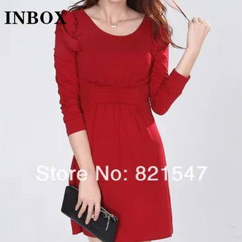 Входящие Красные платья с длинным рукавом, женское приталенное платье-карандаш с круглым вырезом, платье длиной до колен Со складками, Женское деловое платье в корейском стиле