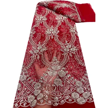 Высококачественная Роскошная Кружевная ткань с красными Африканскими блестками и бисером, 5 ярдов, Кружевная ткань из Нигерийского Французского тюля Для вечернего платья P359