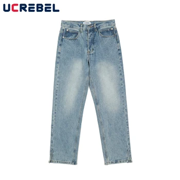 Выстиранные потертые джинсовые брюки, мужская уличная одежда, свободные прямые брюки с необработанным краем, мужские брюки
