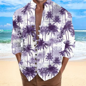 гавайская тонкая мужская рубашка с принтом пальмы, блузка оверсайз, топы с длинным рукавом и воротником-стойкой, Праздничный кардиган на пуговицах для путешествий