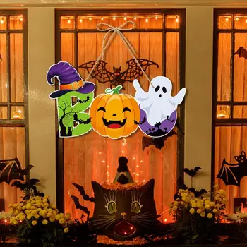 Дверная табличка Happy Halloween Жуткая тыква Скелет летучей мыши-призрака Внутри и снаружи, настенное украшение входной двери, Приветственная табличка на двери